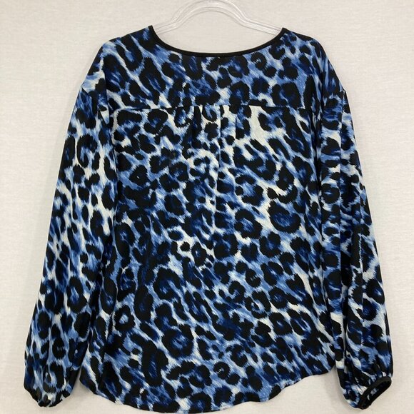 New Cache Small Black Blue Leopard Print Relaxed Flowy Long Sleeve Blouse - Picture 8 of 9